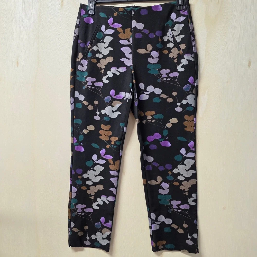 Chicos Brigit Slim Ankle Pants Womens 1 US 8‎ Black Purple Botanical Leaf Print